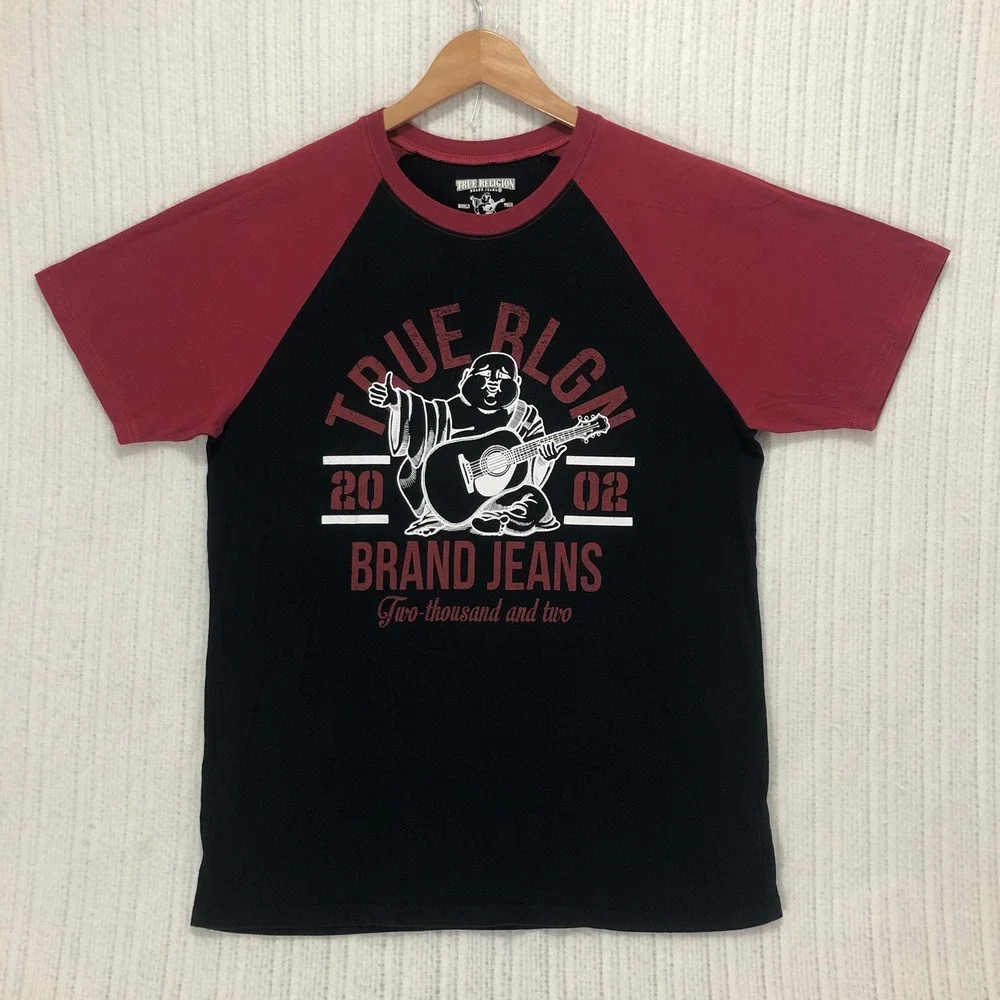 True Religion Mens Raglan Graphic T-Shirt Black Red Buddha Guitar L M40A595EQI